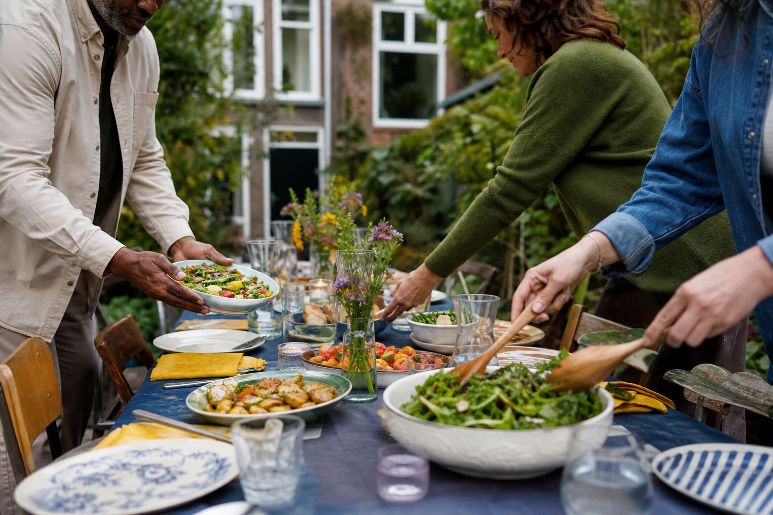 Buren die samen schalen salade en andere gerechten op een lange tafel in een groene binnentuin zetten