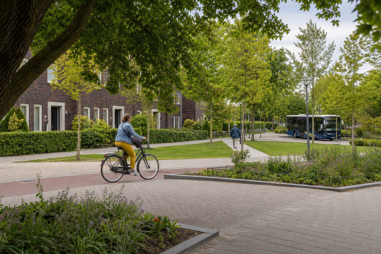 Fietser op een breed fietspad langs een groen buurtplein met een wandelaar en bus op de achtergrond