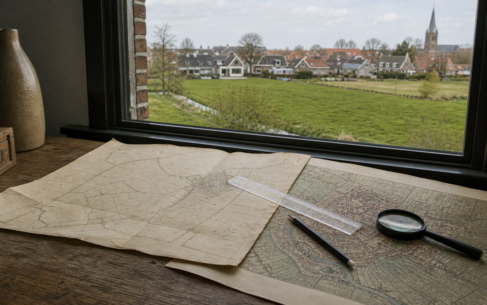 Twee historische kaarten met liniaal en vergrootglas op een houten tafel bij een dorpslandschap