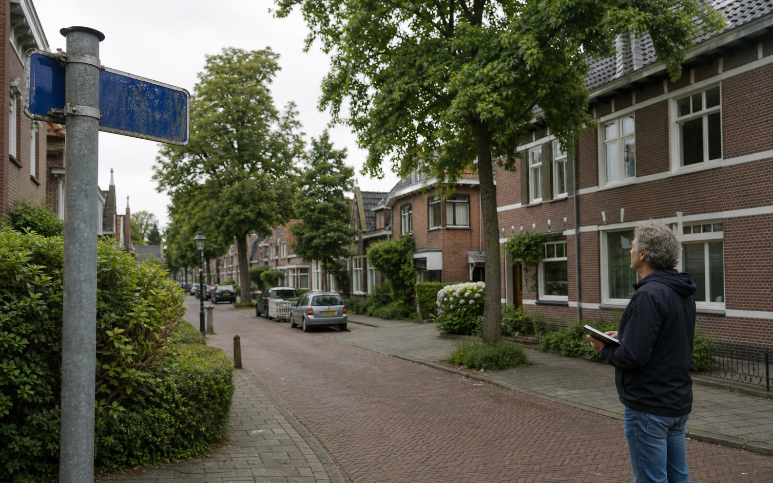 Rustige Nederlandse buurt met openbare ruimte en mensen die informatie bekijken