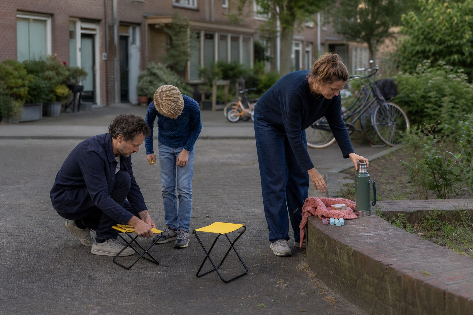 Twee volwassenen en een kind die gele krukjes en stoepkrijt klaarzetten in een rustige woonbuurt