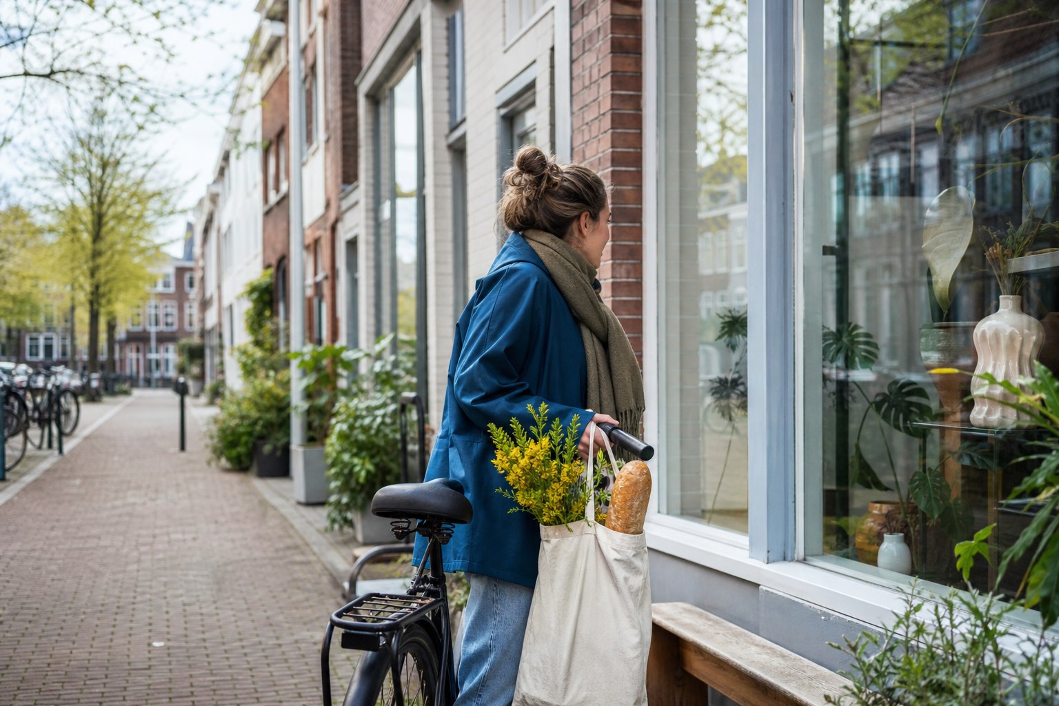 Rustige Nederlandse buurt met openbare ruimte en mensen die informatie bekijken